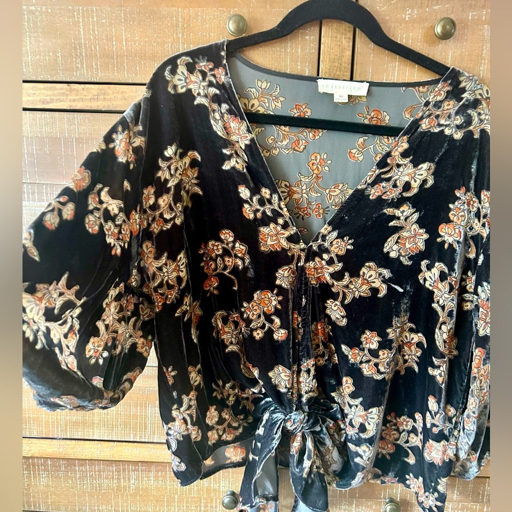 LOVE STITCH brown burnout velvet tie waste top. Size M